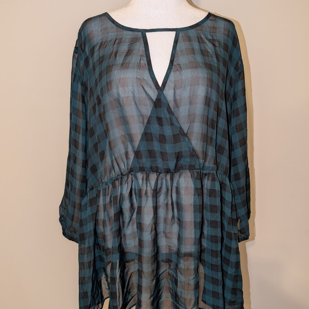 Torrid Black and Green Plaid Sheer Blouse